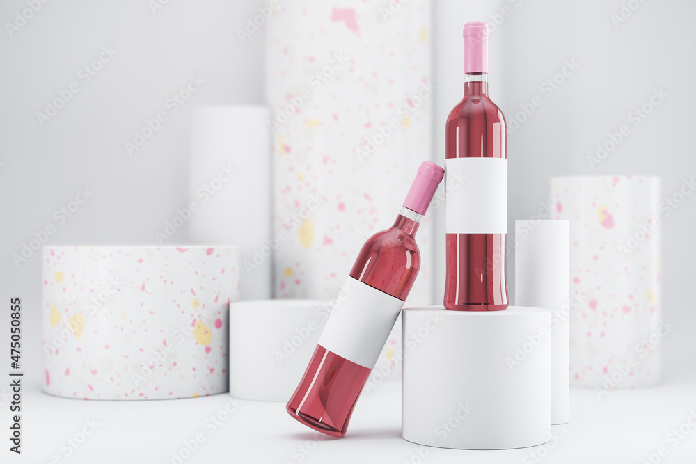 Poster pink rose wine bottle with blank mock up label on white background. advertisement and branding, liqo