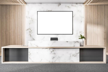 Fototapeta premium Modern wooden and concrete office lobby interior with empty mock up banner on wall, reception desk and decorative items. 3D Rendering.
