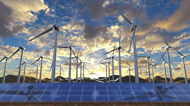Renewable energy farm with spinning windmills turbine generators and innovative solar panels. Clean alternative energy industry with producing green and clean electricity with power of wind and sun.