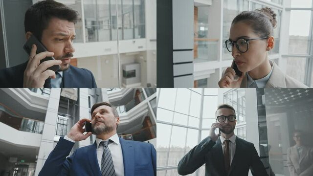 Split screen shot of four businessmen and businesswoman talking on mobile phones in office building while riding elevators and standing in lobby