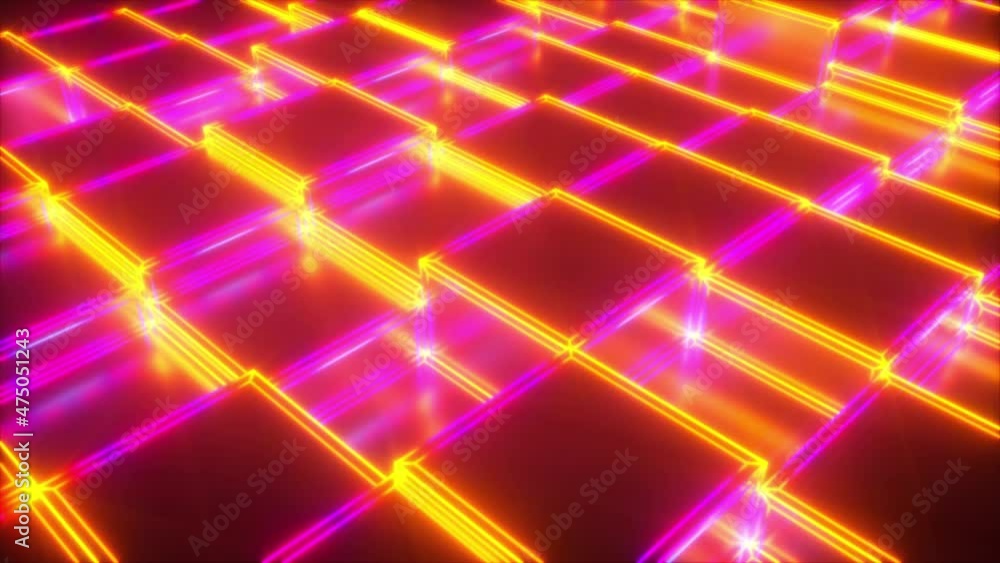 Poster changing geometric 3d render of landscape of glowing squares. digital scanning and creation of virtu