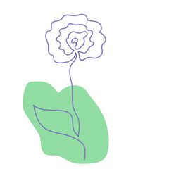 Abstract painting peony flower isolated on white background. Simply hand drawn black wildflower with green leaves. Single line art plant, vector contour design eps 10