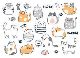 Cute cat collection. Hand drawn vector illustration.