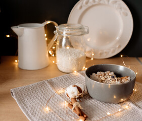 risengrod -  scandinavian-style, rice porridge. Popular traditional breakfast best hygge dessert for Christmas