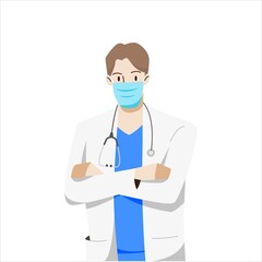 Fototapeta premium Male doctors wearing masks in the hospital. Healthcare and medical concept. Hand draw style. Vector illustration.