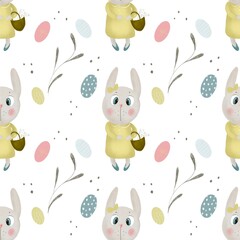 seamless pattern with rabbits and flowers
