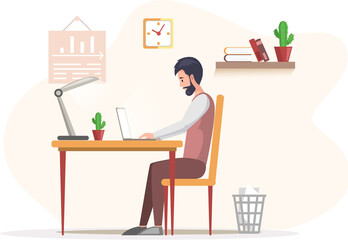 Bearded man, working person sitting at table in room and correspondence surfing Internet. Male character communicating through network on laptop. Freelance, work from home and home office concept
