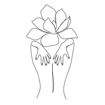 Woman's body with flowers. Line art female hands with butterflies. One line vector drawing. Portrait minimalistic style. Botanical print. Nature symbol of cosmetics.