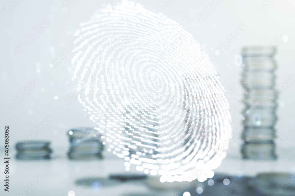 Aufkleber Multi exposure of virtual abstract fingerprint illustration on stacks of coins background, digital access concept