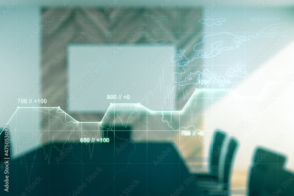 Poster multi exposure of abstract statistics data hologram interface on a modern furnished office interior 