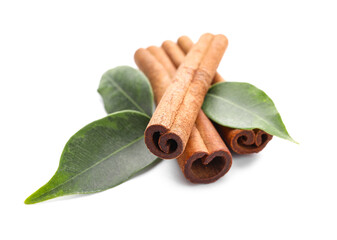 Natural cinnamon sticks on white background