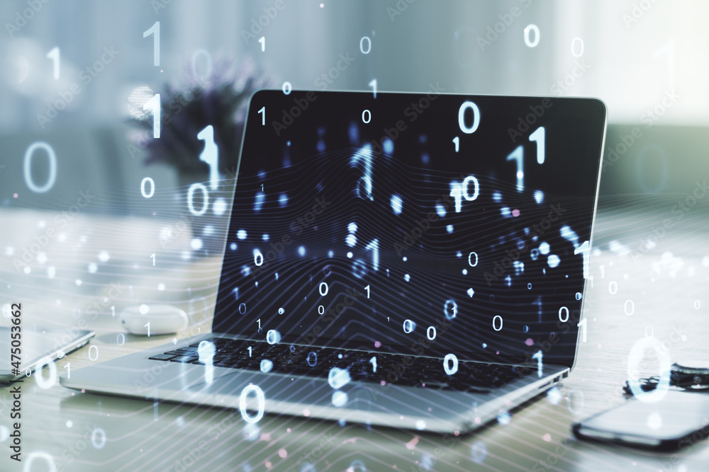 Aufkleber Creative concept of binary code illustration on modern laptop background. Big data and coding concept. Multiexposure