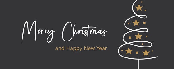 Merry Christmas and Happy New Year greeting card, banner template. Winter holiday. Vector line art, doodle christmas tree with lettering. Elegant dark design.