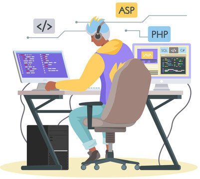 Programmer engineering and coding. Programmer working on code for web app development on computer. Concept of script coding and programming in php, javascript, python languages. Software developers