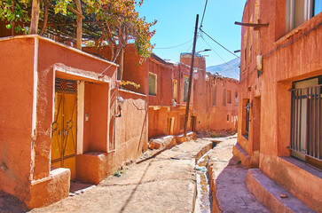 The old street of Abyaneh village with deep gutter in earthen road and preserved reddish buildings,...