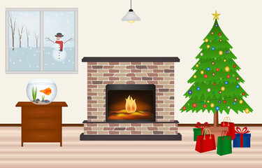 Room with Christmas tree and gifts, fireplace and snowman on the window. Winter Christmas scene, vector illustration