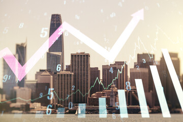 Multi exposure of virtual abstract financial graph and upward arrow on San Francisco city skyline background, forex and investment concept