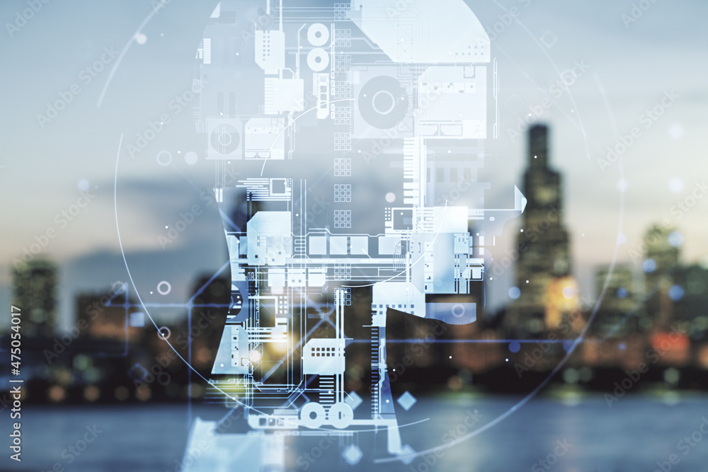 Poster double exposure of creative artificial intelligence hologram on blurry cityscape background. neural 