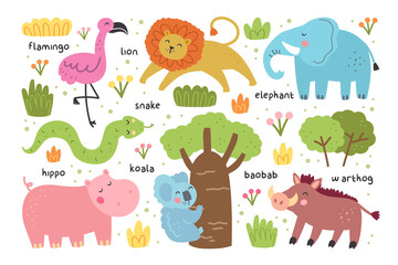 Wild animals. Elephant, lion, flamingo, snake, hippo, koala, warthog. Vector design for children. Isolated on white background.