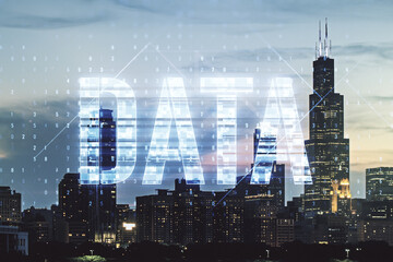Virtual Data word sign hologram on Chicago skyline background. Multiexposure