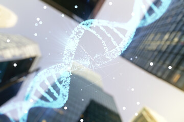 Virtual DNA symbol illustration on office buildings background. Genome research concept. Multiexposure
