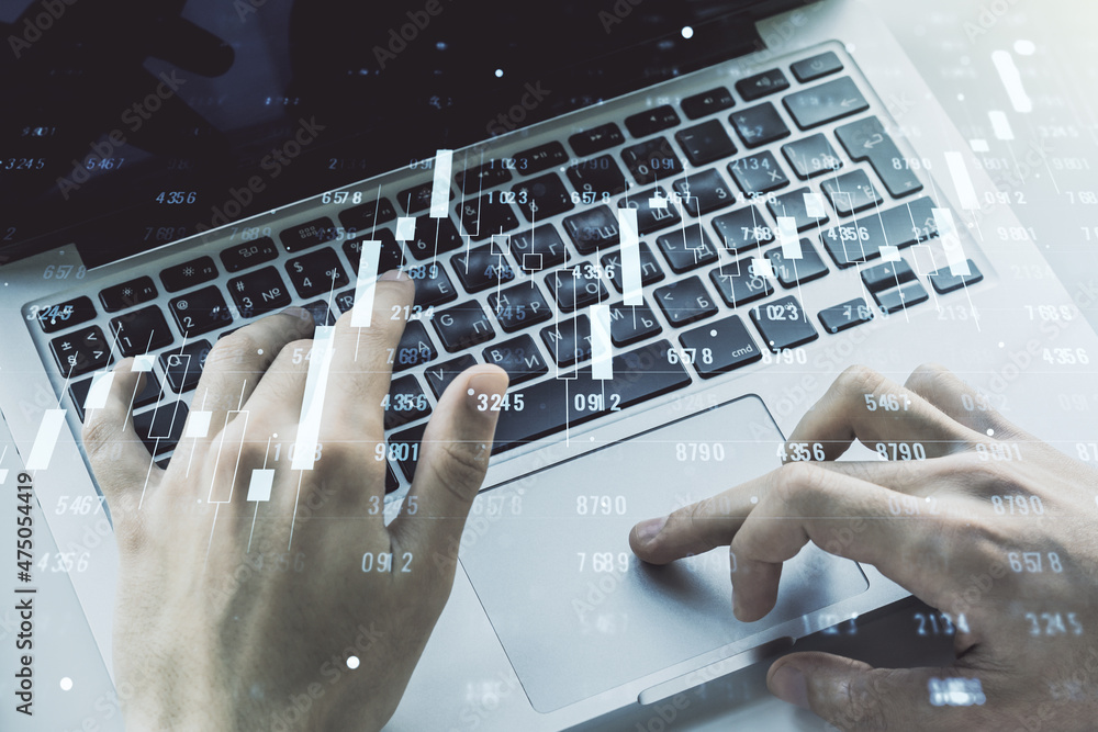 Poster double exposure of abstract creative statistics data hologram with hands typing on laptop on backgro