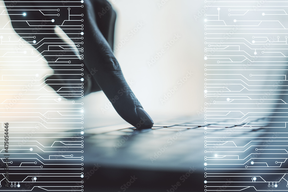 Poster Creative abstract micro chip hologram and hands typing on computer keyboard on background, artificial intelligence and machine learning concept. Multi exposure