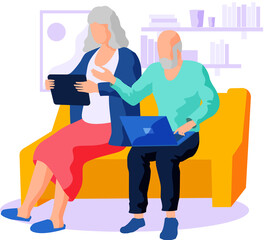 Old woman sitting, surfing internet and looking for information in tablet. Grandfather typing on laptop and spending time on social media. Elderly couple try to use gadgets and learn new technologies