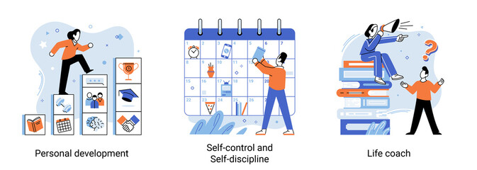 Personal growth, self development concept. Self control and discipline, life coach abstract icon set. Metaphor growth personality as success stairs. Tiny people that self-improvement, self development
