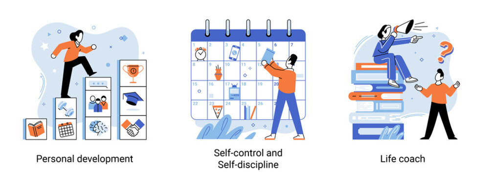 Personal Growth, Self Development Concept. Self Control And Discipline, Life Coach Abstract Icon Set. Metaphor Growth Personality As Success Stairs. Tiny People That Self-improvement, Self Development