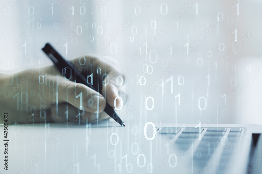 Poster creative abstract binary code hologram and hand writing in diary on background with laptop, ai and m