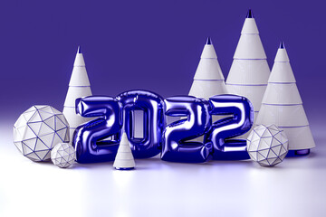 Card of new year 2022. Very Peri color trend pantone. 2022 surrounded by trees and balls in the new year's color palette