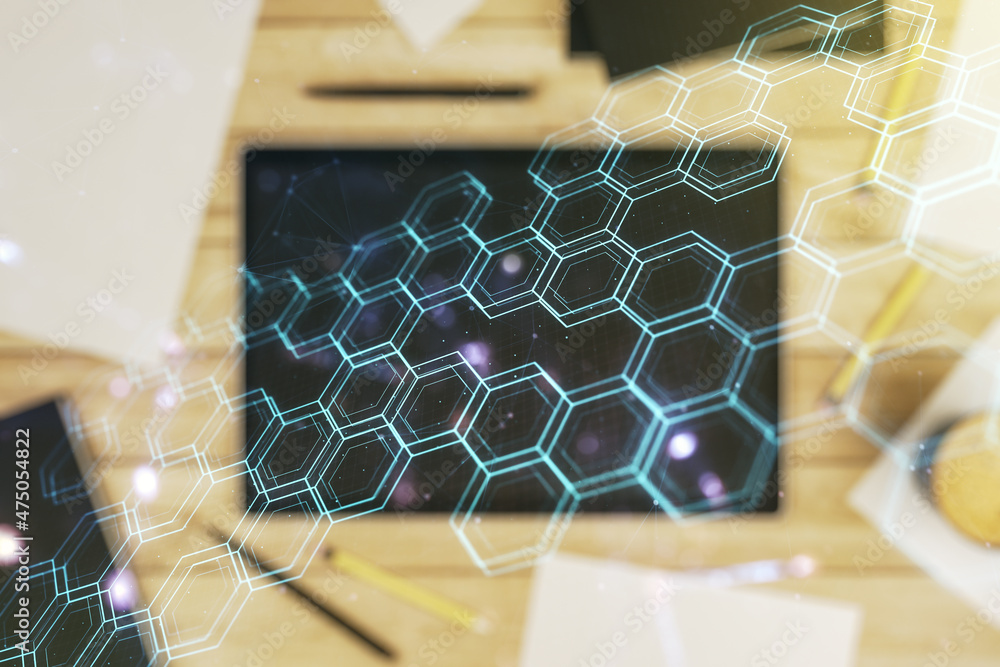 Poster double exposure of technology hologram with hexagon and digital tablet on background, top view. rese