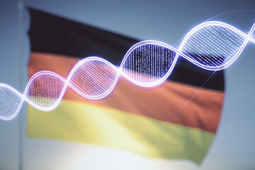 Virtual DNA symbol illustration on flag of Germany and sunset sky background. Genome research...