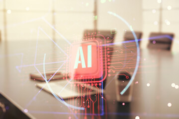 Double exposure of creative artificial Intelligence abbreviation with computer on background. Future technology and AI concept