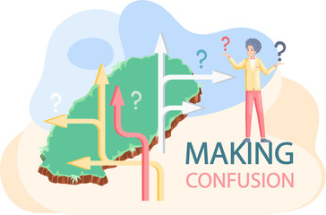 Making confusion. Doubts person surrounded by question marks. Questions dilemma situations. Asking questions. Confused people. Making choice. Being confused. Thinking or make decision. Solving problem