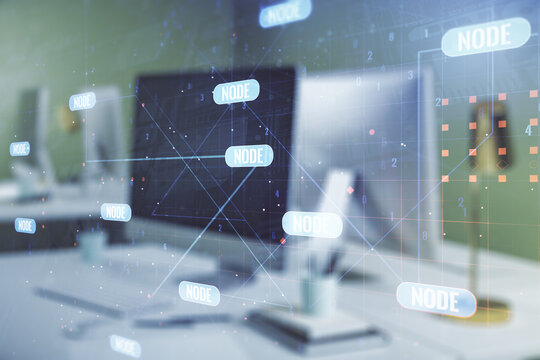 Double exposure of abstract programming language on laptop background, research and development concept