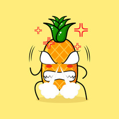 cute pineapple character with angry expression. nose blowing smoke, eyes bulging and grinning. green and yellow. suitable for emoticon, logo, mascot