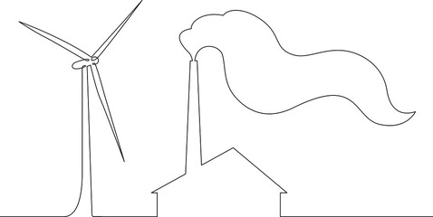 One continuous line.Ecology symbol.Wind power plant . Smoke from the chimneys of a factory. Green energy. Air pollution.One continuous drawing line logo isolated minimal illustration.