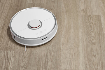 Background with white robot vacuum cleaner.