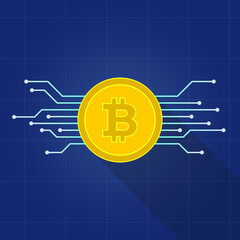 golden bitcoin crypto currency on digital blue background