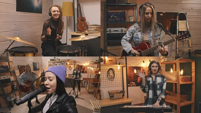 Split screen of all-female band posing for camera during practice. They are singing into microphone, playing guitar, drums and synthesizer