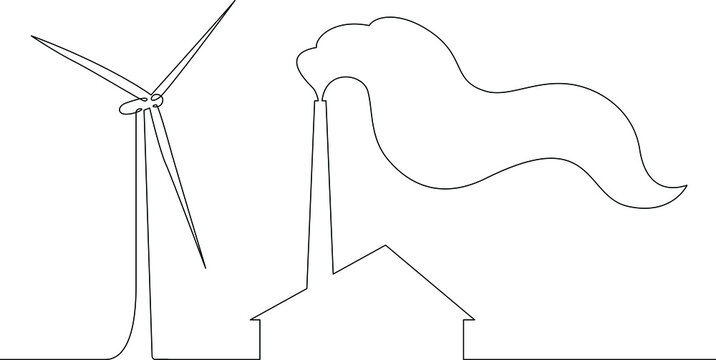 One continuous line.Ecology symbol.Wind power plant . Smoke from the chimneys of a factory. Green energy. Air pollution.One continuous drawing line logo isolated minimal illustration.