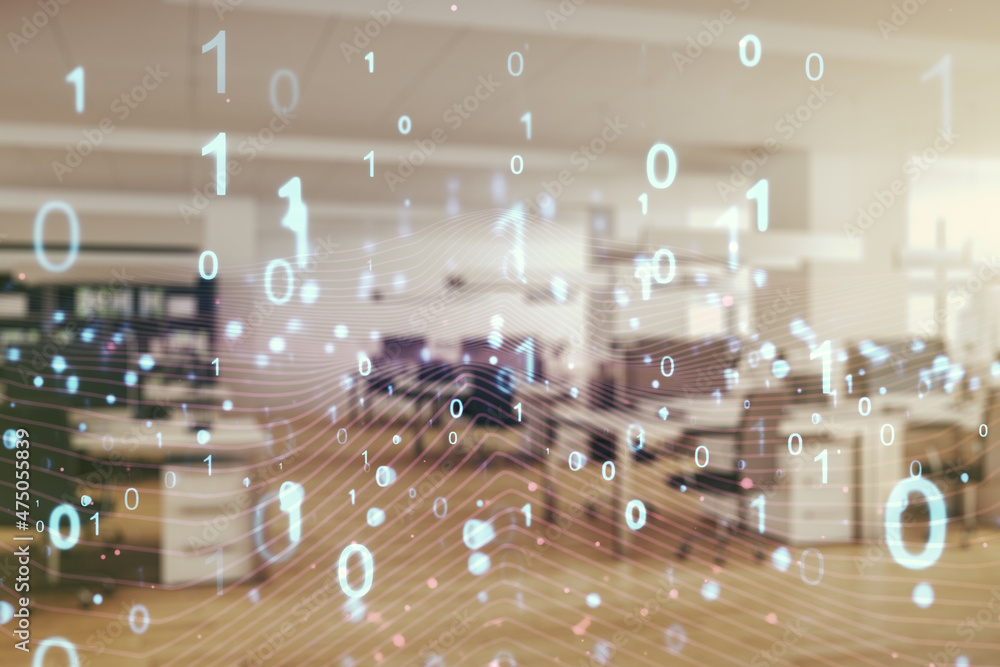Aufkleber Abstract virtual binary code hologram on a modern furnished classroom background, AI and machine learning concept. Multiexposure
