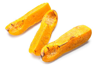 Delicious baked pumpkin pieces on white background