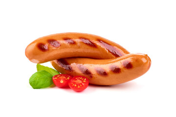Fried frankfurter sausage, isolated on white background.