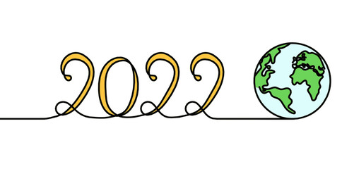 Calligraphic color inscription of year "2022" as continuous line drawing on white background. Vector	
