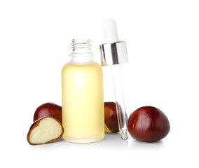 Bottle with chestnut essential oil on white background