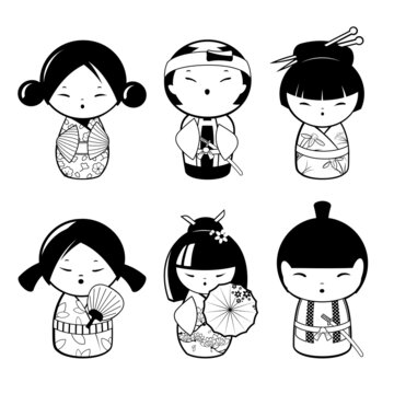 Traditional japanese kokeshi dolls. Black and white vector illustration for coloring pages 

