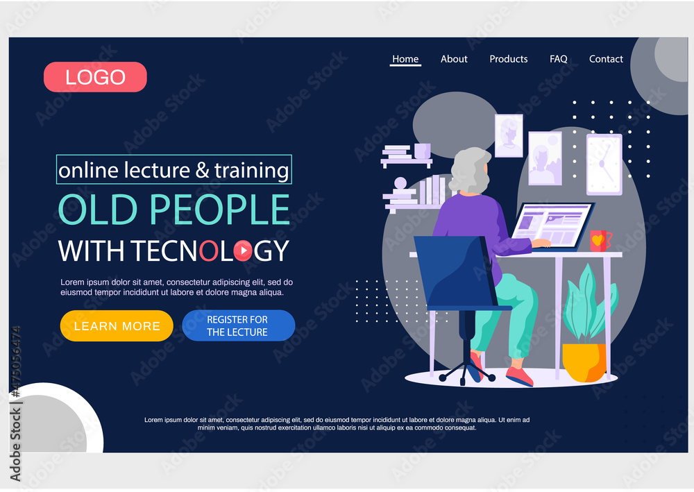 Poster old people with technology landing page template, man with laptop learn to work with computer. grand
